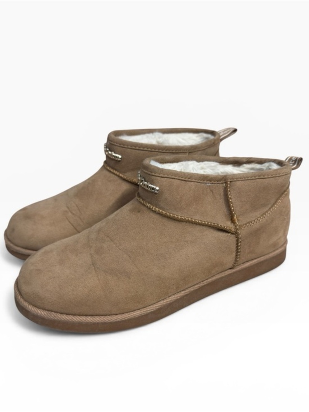 Juicy Couture Klea Ankle Boots Brown Faux Fur Rhinestone Logo Womens 8.5